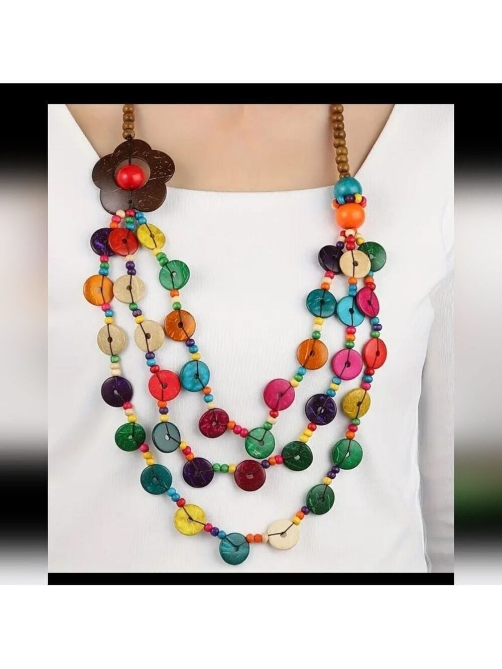 BOHO HIPPIE  COLORFUL WOOD BEAD Coconut Shell  FLOWER NECKLACE NP